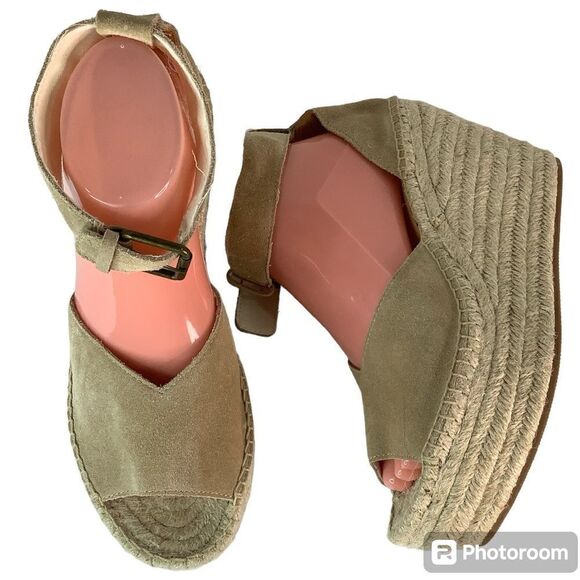 SOLUDOS Open Toe Wedge Ankle Buckle Up Beige Leather Espadrilles Women's Sz.9.5 - Picture 1 of 11